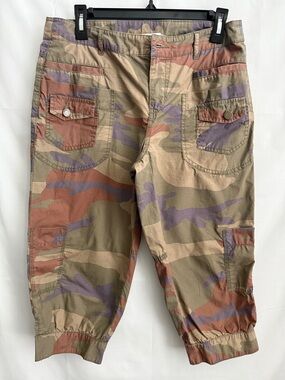 Y2K 100% London Jean Green Brown Camo Chino Mid Rise Cropped Cargo Pants size 8